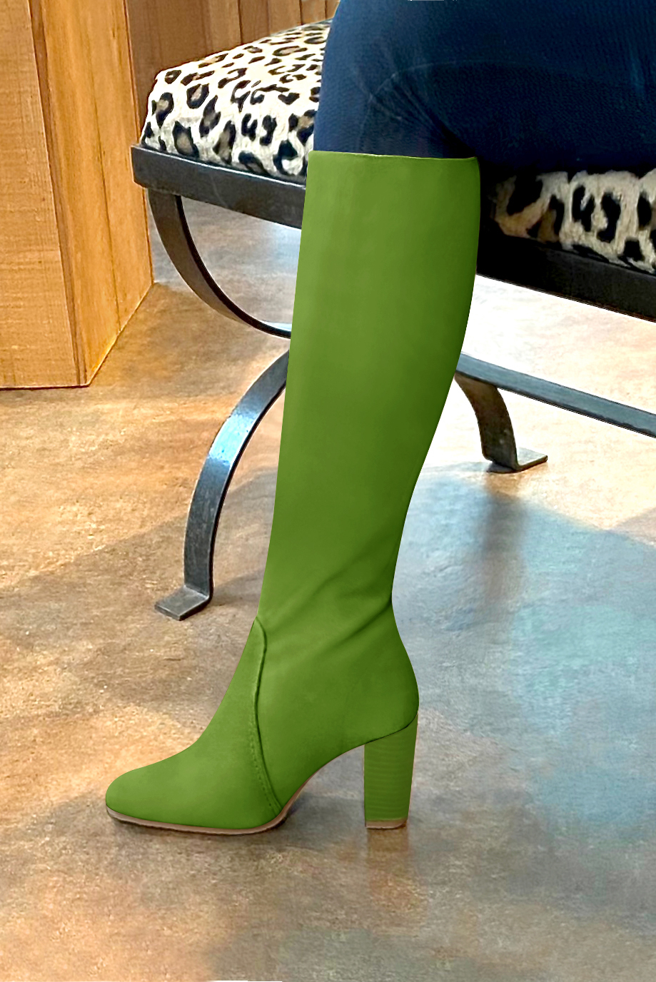 Grass green women's feminine knee-high boots. Round toe. High block heels. Made to measure. Worn view - Florence KOOIJMAN